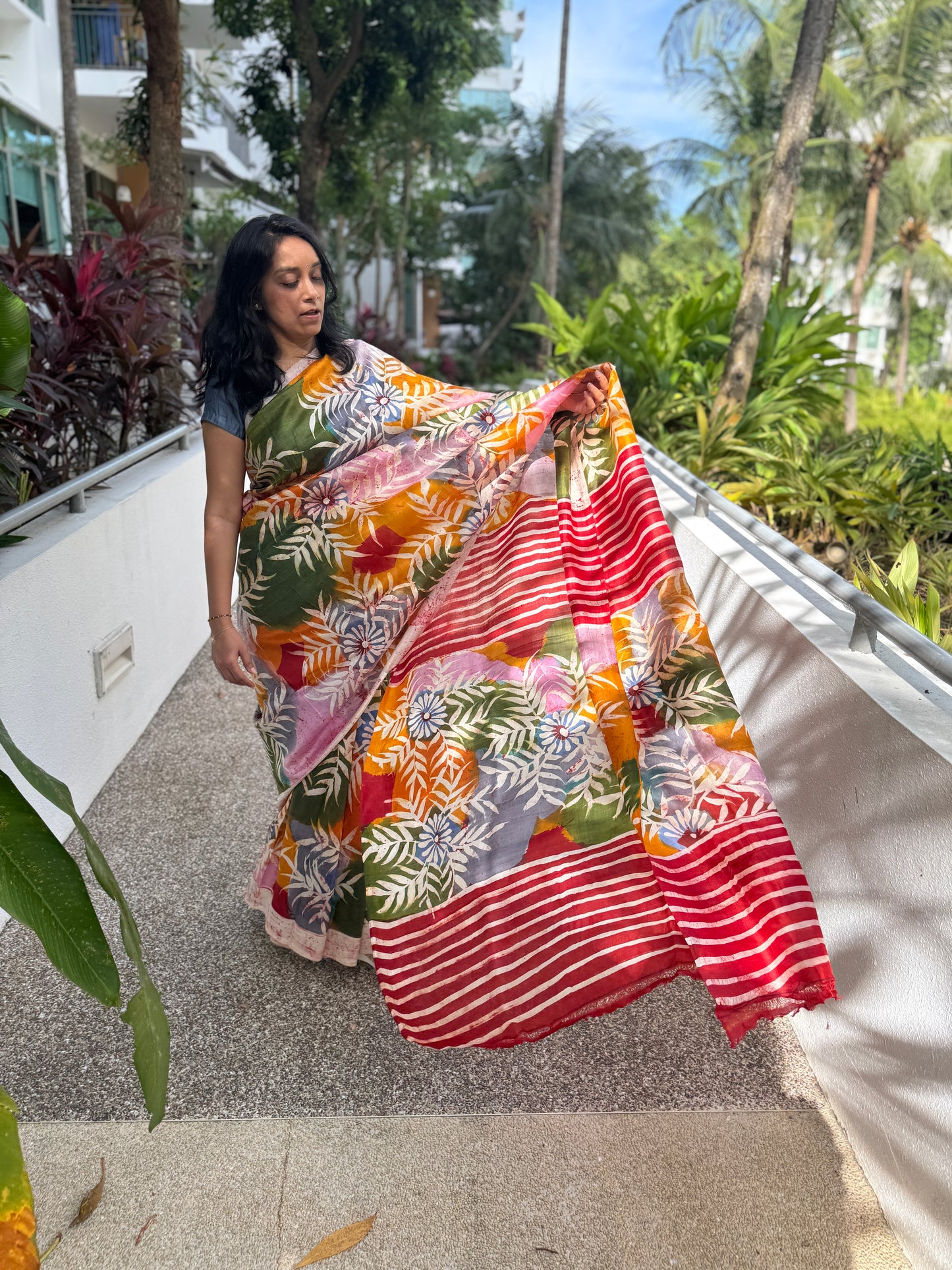 Raunak: Multicolored Batik Hand-painted Tussar Silk Saree