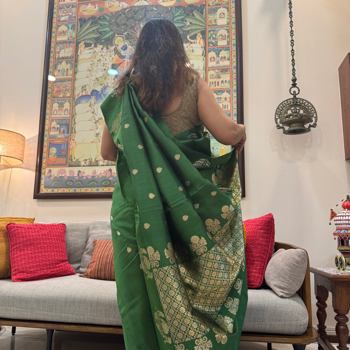 Vanya: Green Borderless Banarasi Katan Silk Saree