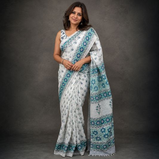 Sharanya: White Cotton Sanganeri Block Print Saree