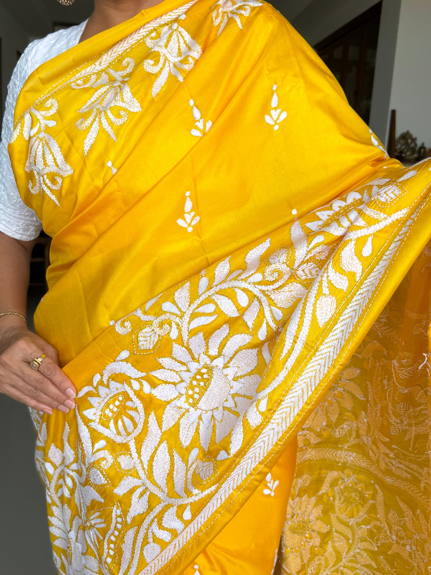 Sunshine: Yellow Kantha Embroidered Semi-Silk Saree