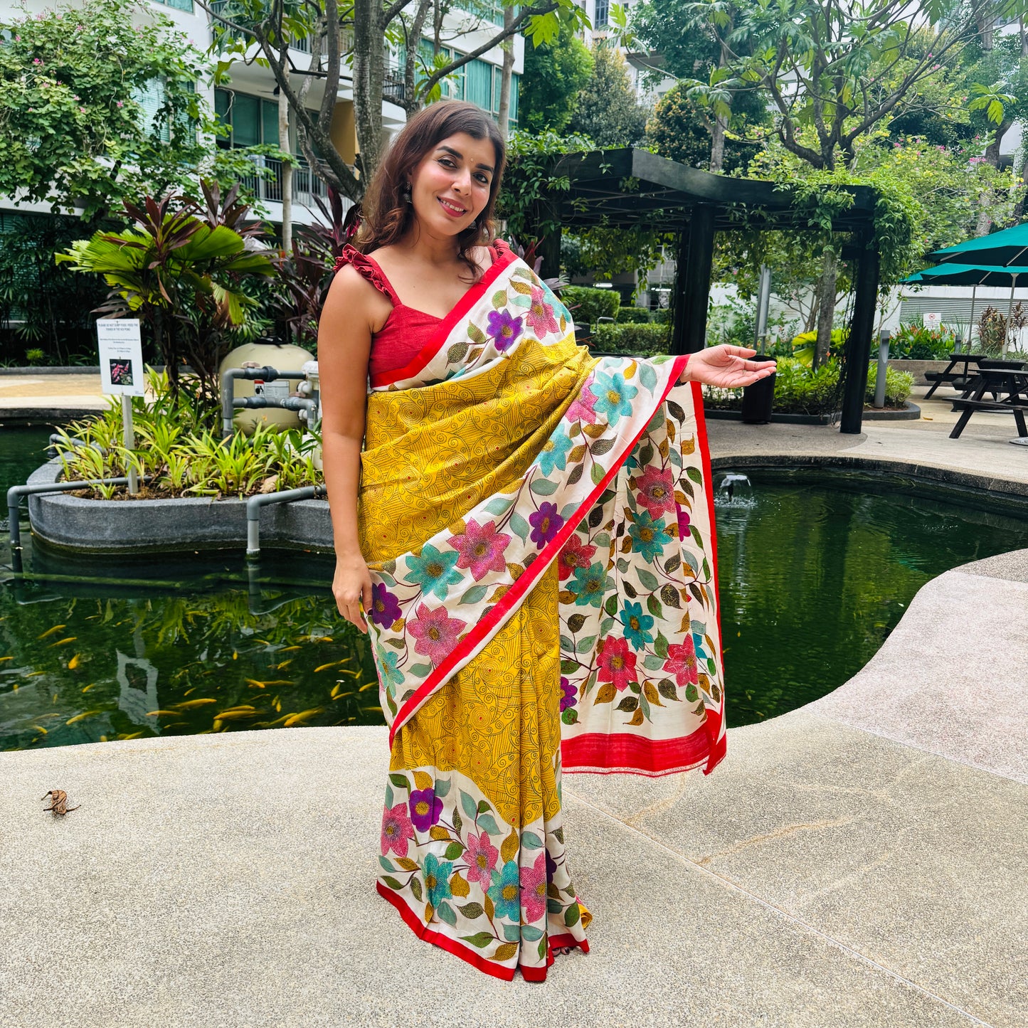 Megharang: Yellow Block Print Kantha Tussar Silk Saree