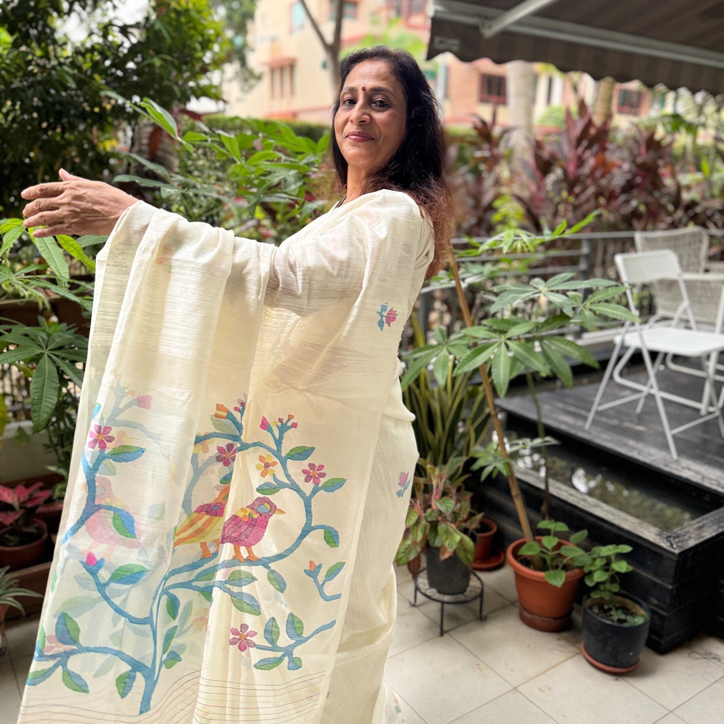 Pakhi: White Jamdani Saree with Multicolored Embroidery