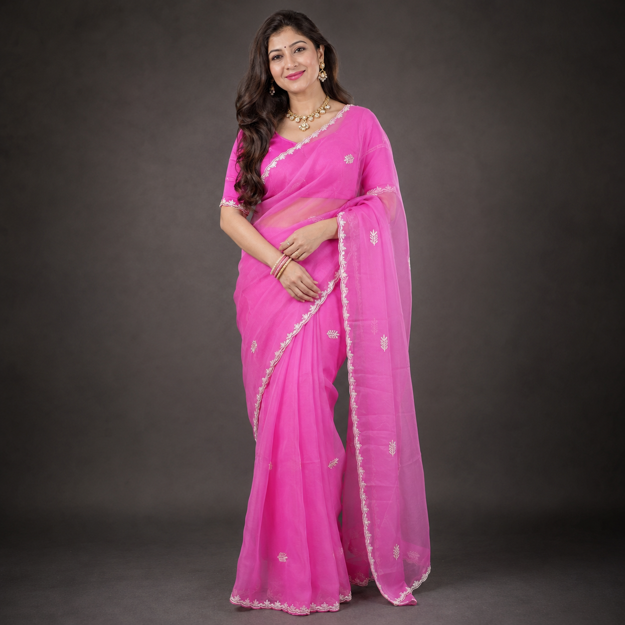 Pink Chiffon Saree with Cutdana Embroidery