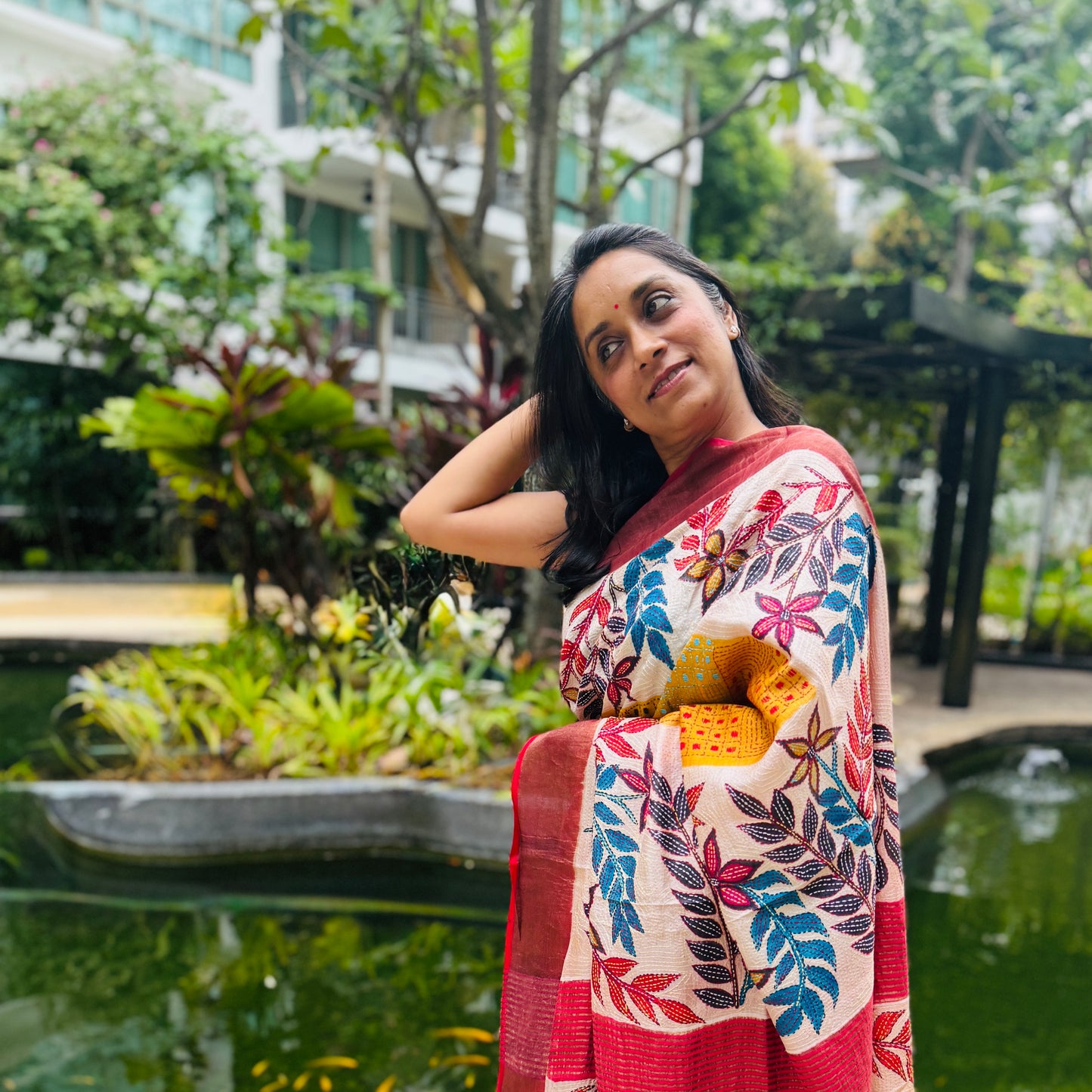 Ruchismita: Yellow Block Print Kantha Tussar Silk Saree