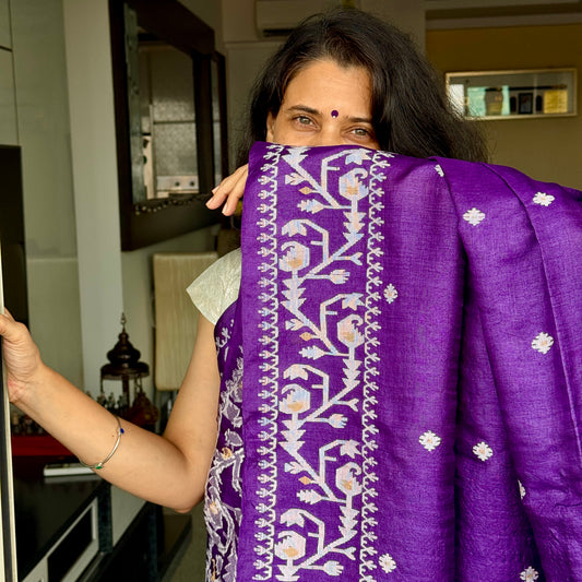Amethyst: Purple Tussar Silk Jamdani Saree