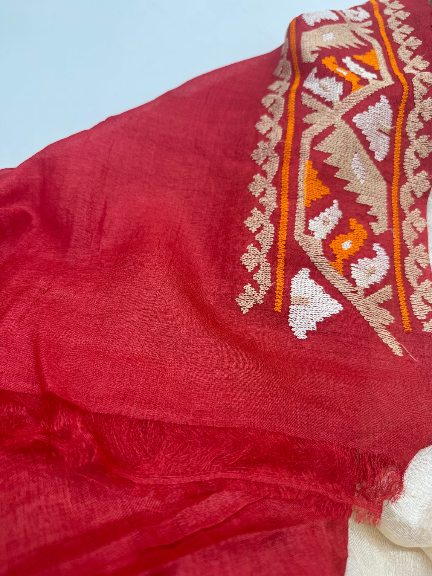 Ashima: White and Red Embroidered Tussar Silk Saree