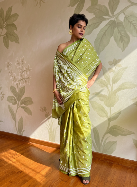 Verdant: Green Kantha Embroidered Saree