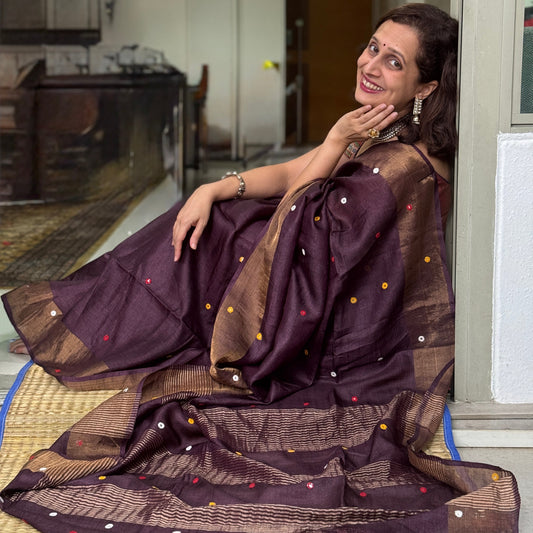 Siya: Brown Handwoven Tussar Silk Mirror-work Saree