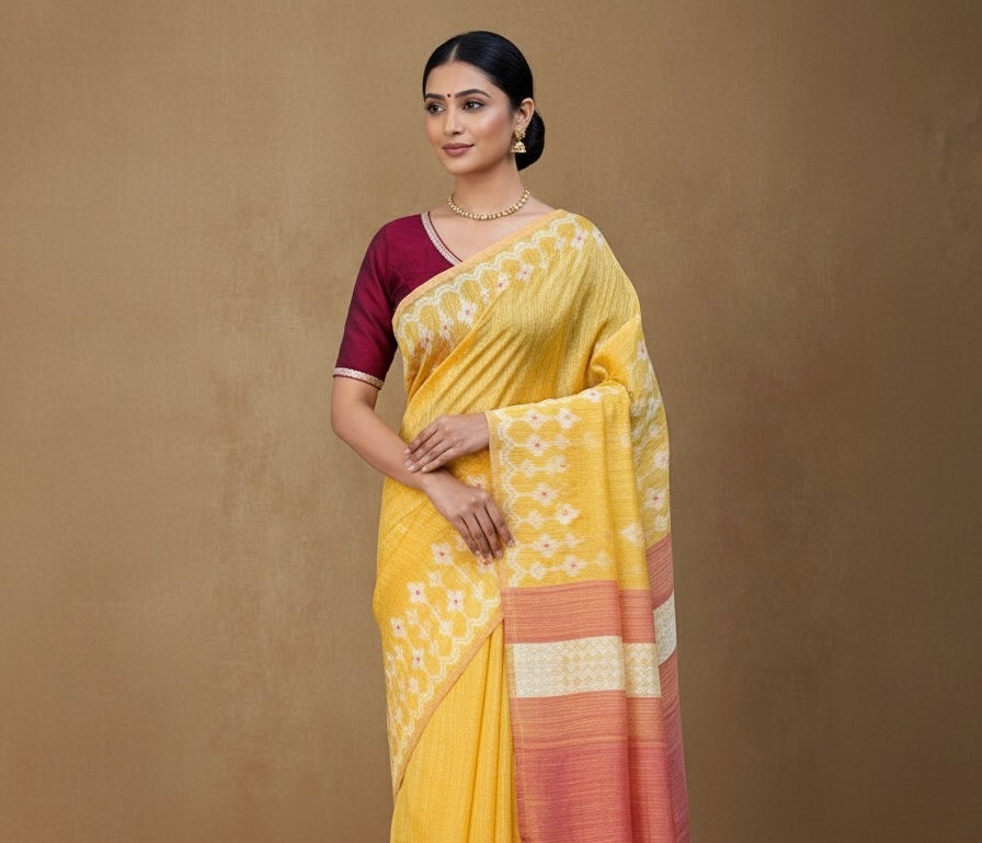 Alaka: Yellow Handwoven Matka Silk Jamdani Saree