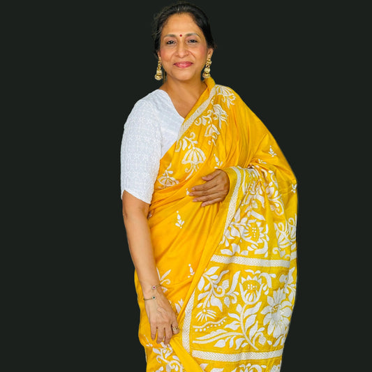 Sunshine: Yellow Kantha Embroidered Semi-Silk Saree