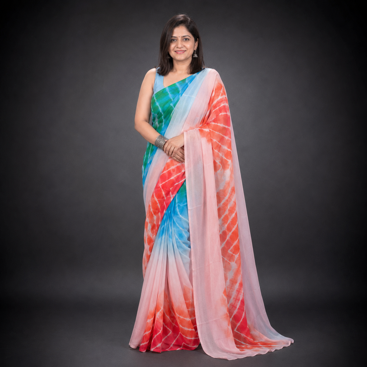Sugandha: Orange & Green Leheriya Chiffon Saree