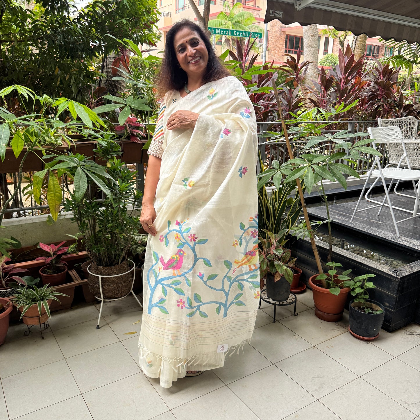 Pakhi: White Jamdani Saree with Multicolored Embroidery