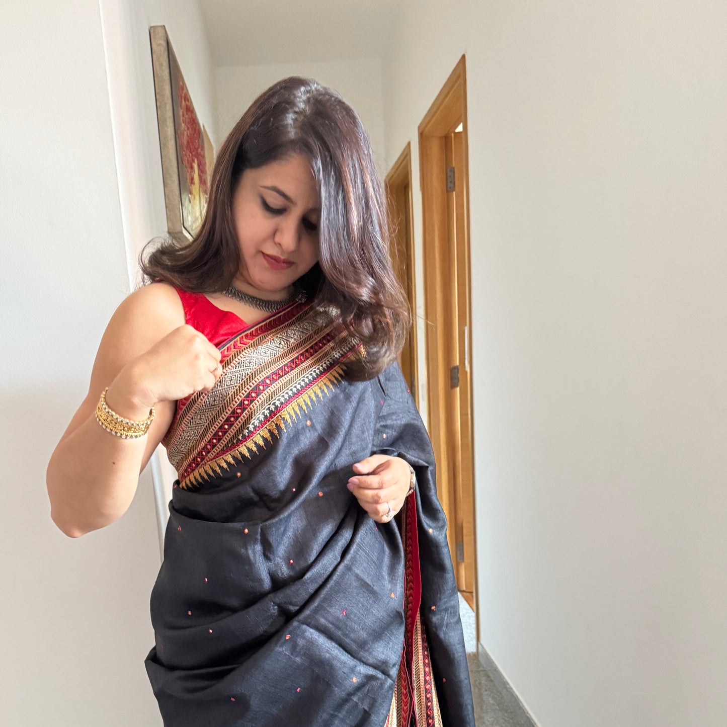 Neeraja: Black Embroidered Tussar Silk Saree