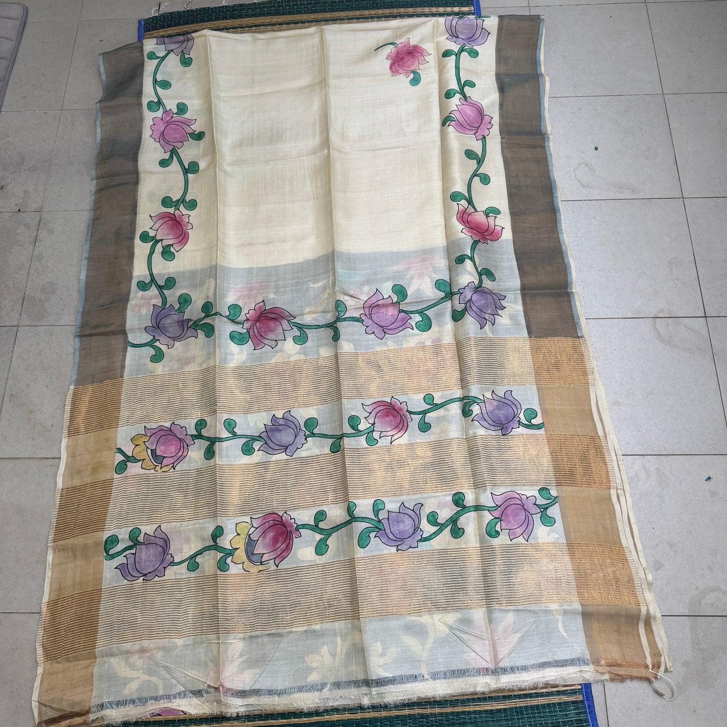 Ivorine: Cream Kalamkari Block Print Tussar Silk Saree