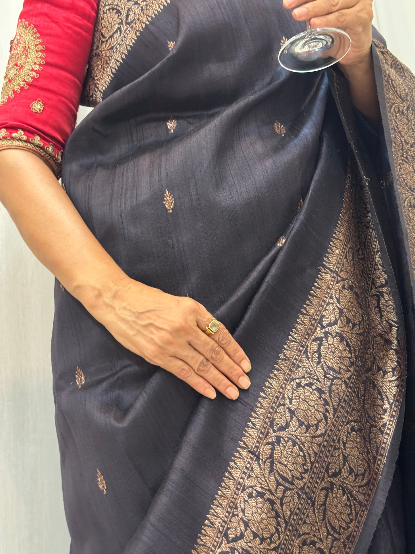 Ragini: Black Silk Saree with Contrast Red Blouse