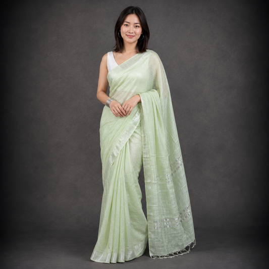 Sraboni: Mint Green Linen Saree