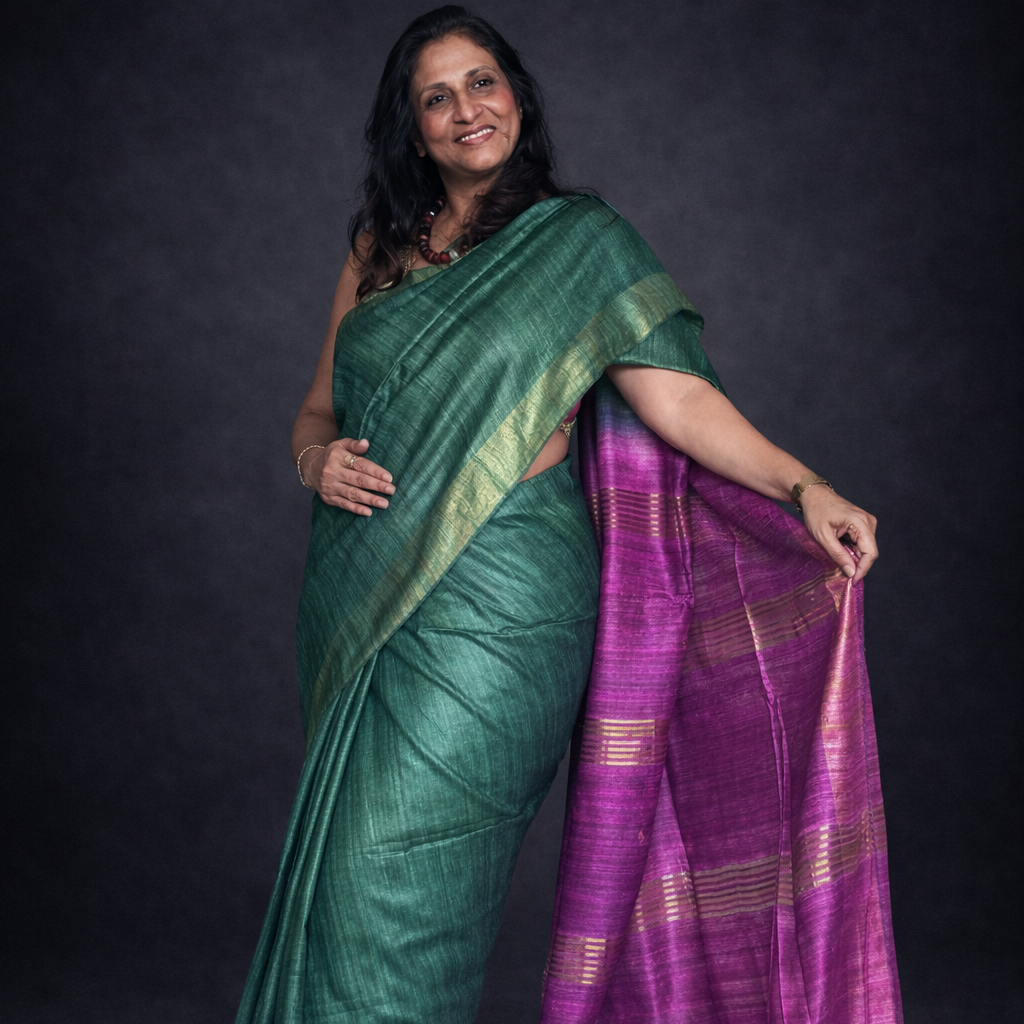Forest Bloom: Green and Pink Ghicha Silk Saree