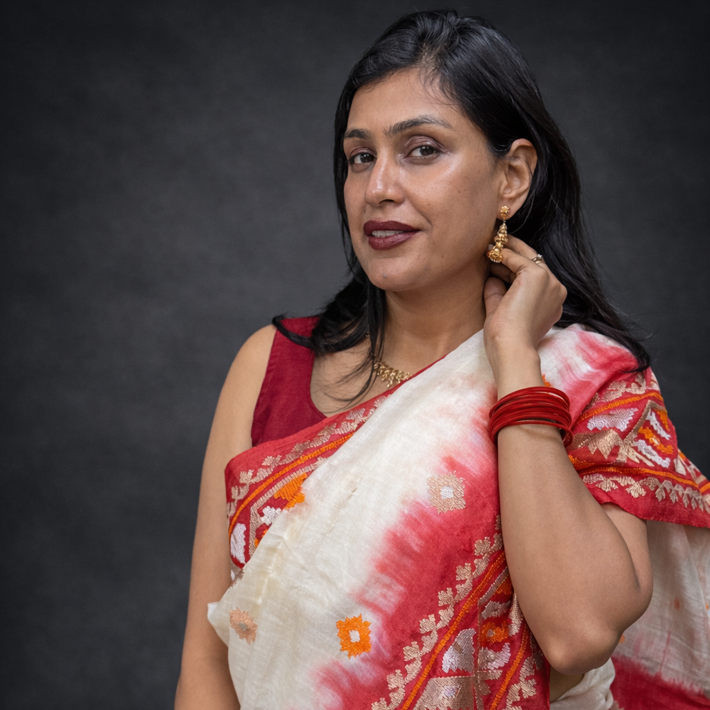 Ashima: White and Red Embroidered Tussar Silk Saree