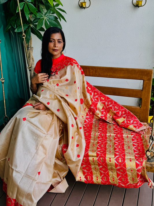 Assam Tussar Silk Saree with Red & Gold Motifs