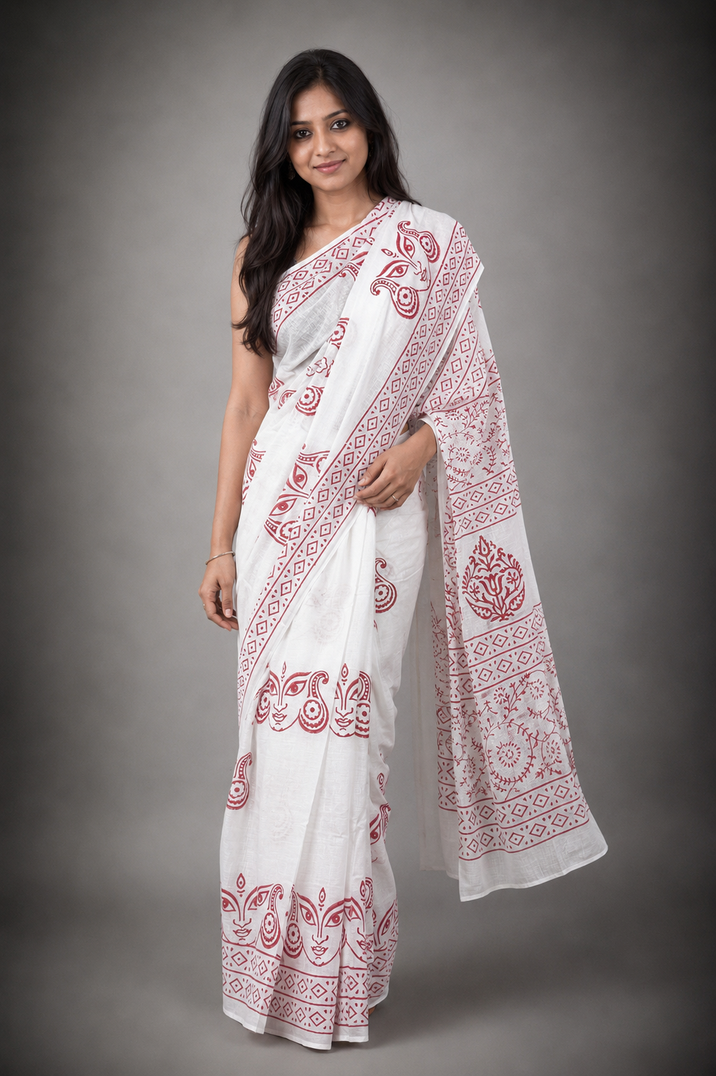 Ma Durga: White Cotton Sanganeri Block Print Saree