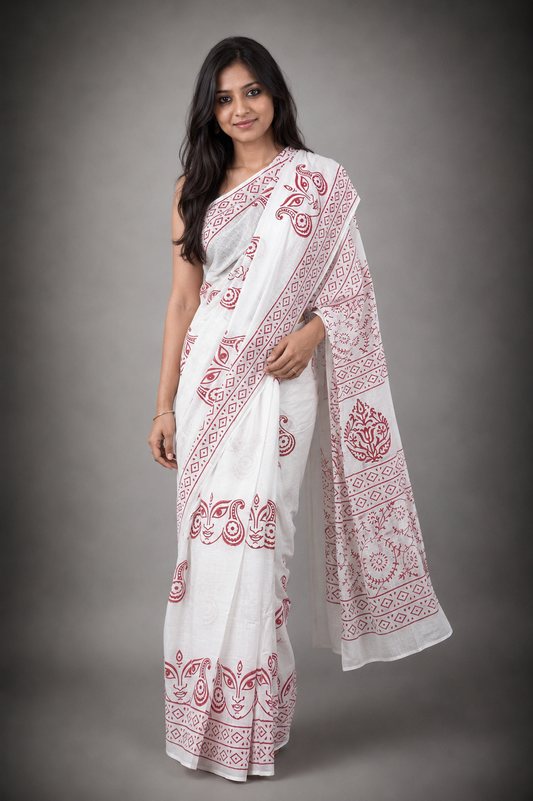 Ma Durga: White Cotton Sanganeri Block Print Saree