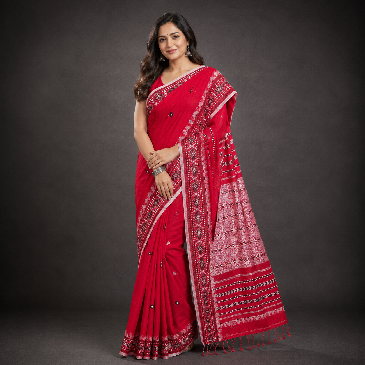 Senehi: Red Assam Handloom Cotton Saree