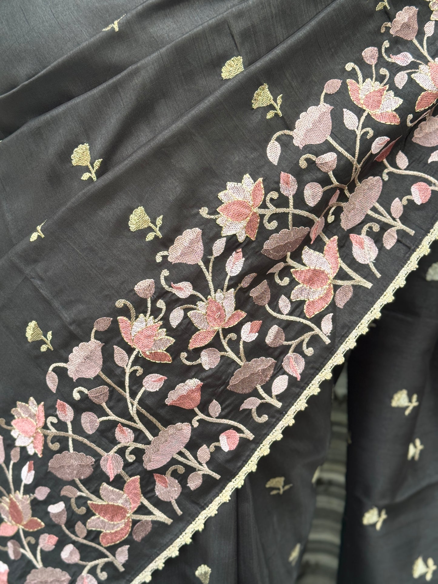 Ketaki: Black Semi-tussar Embroidered Saree