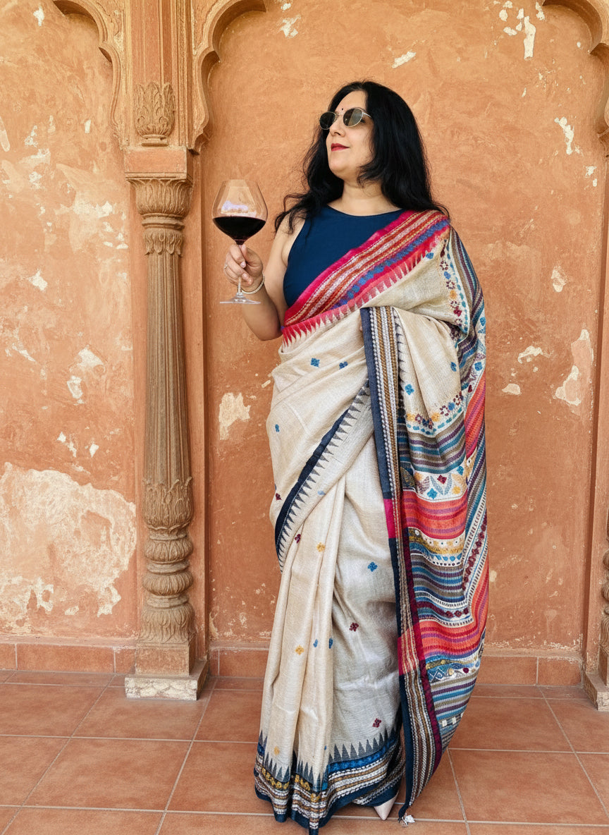 Geet: Beige Embroidered Tussar Saree with Lambani Embroidery