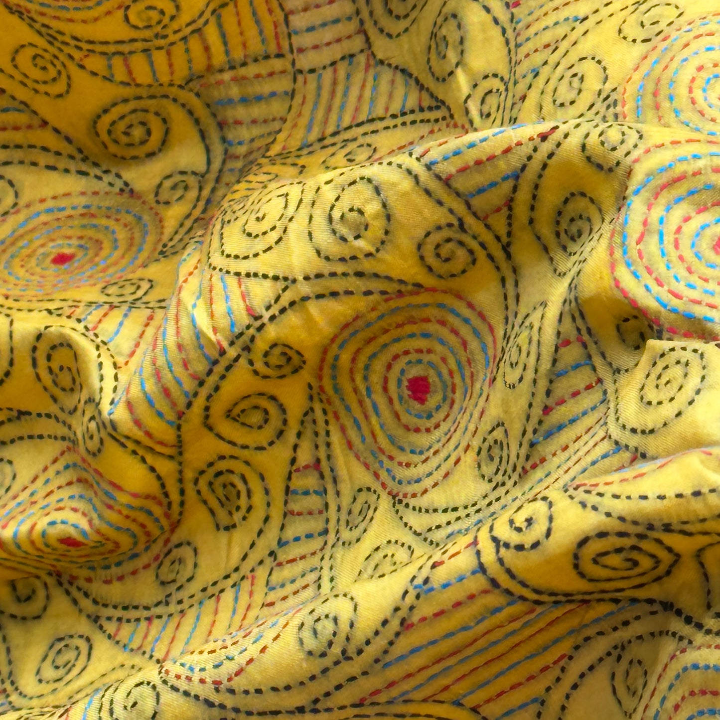 Megharang: Yellow Block Print Kantha Tussar Silk Saree