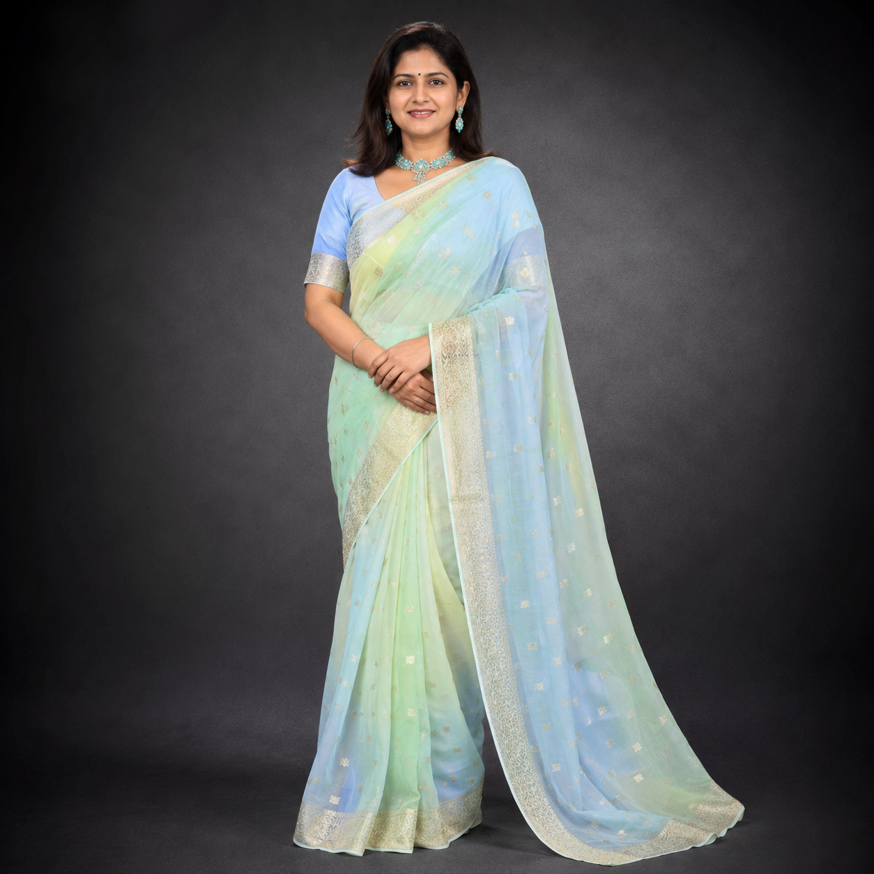 Suhani: Blue & Yellow Chiffon Saree