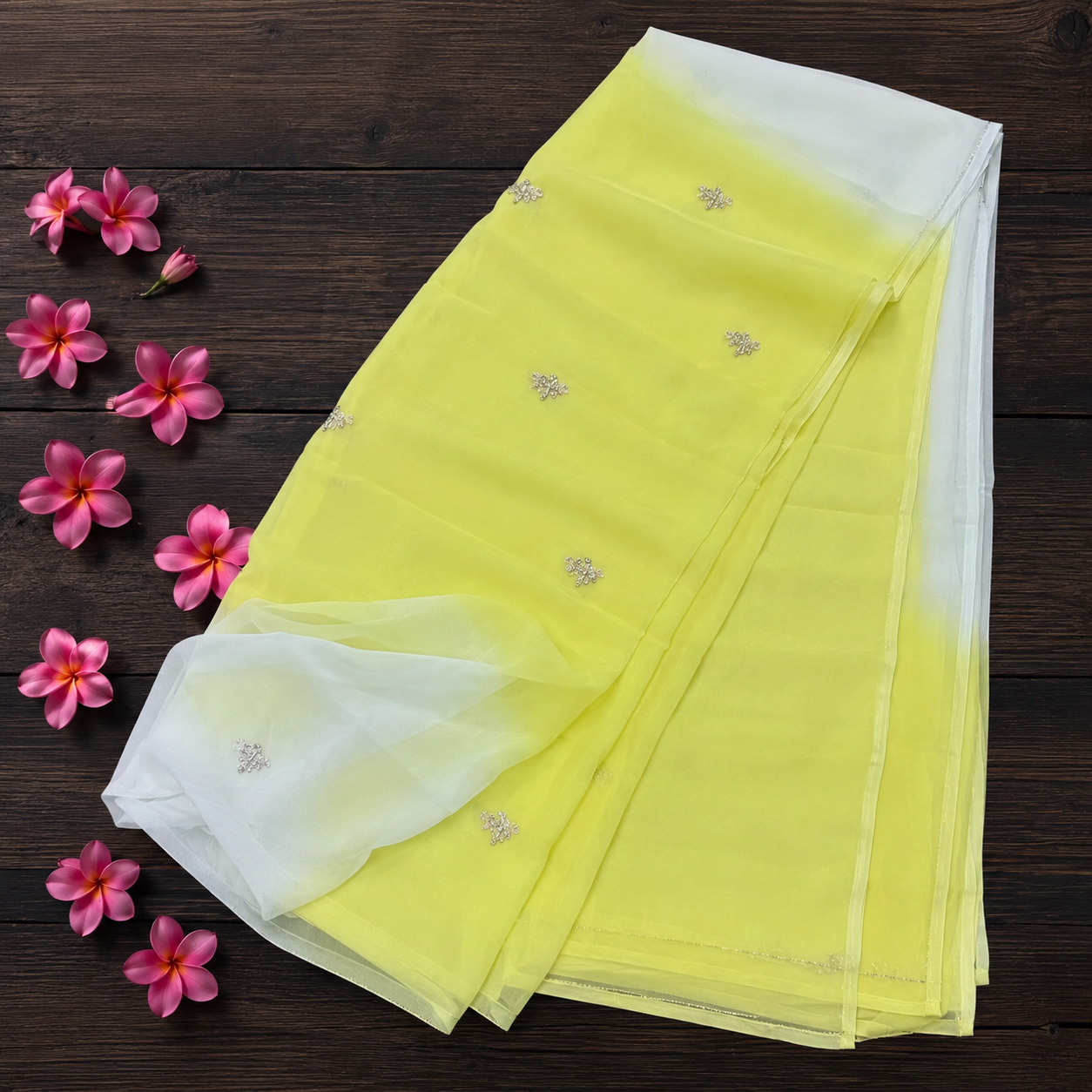 Vibha: Yellow & Blue Ombré Chiffon Saree
