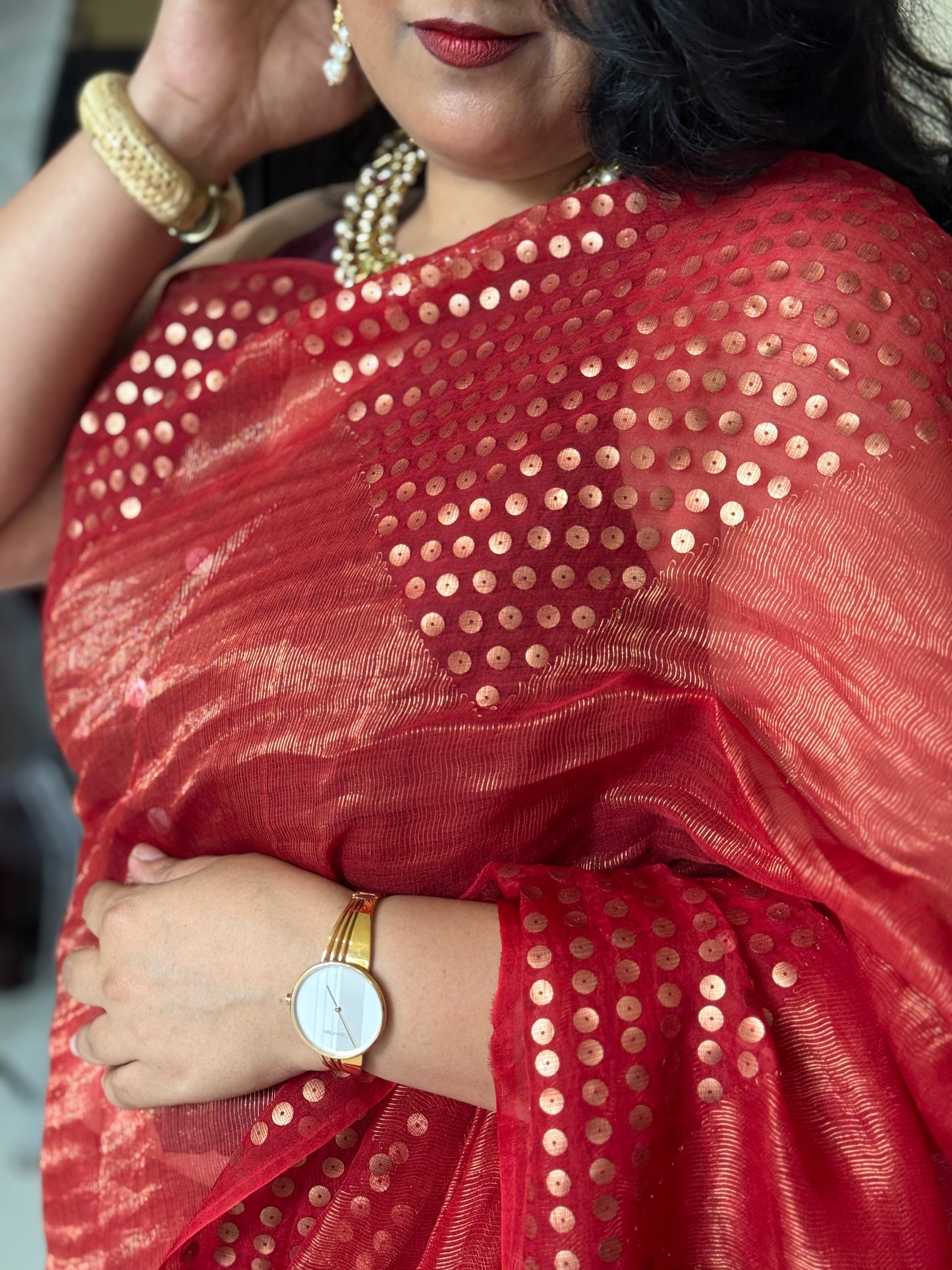 Diva: Red Tissue Handwoven Muslin Sequins Saree