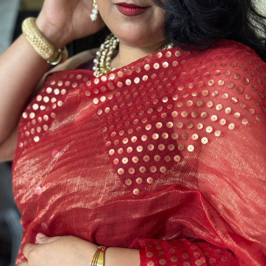 Diva: Red Crushed Tissue Handwoven Sequins Saree