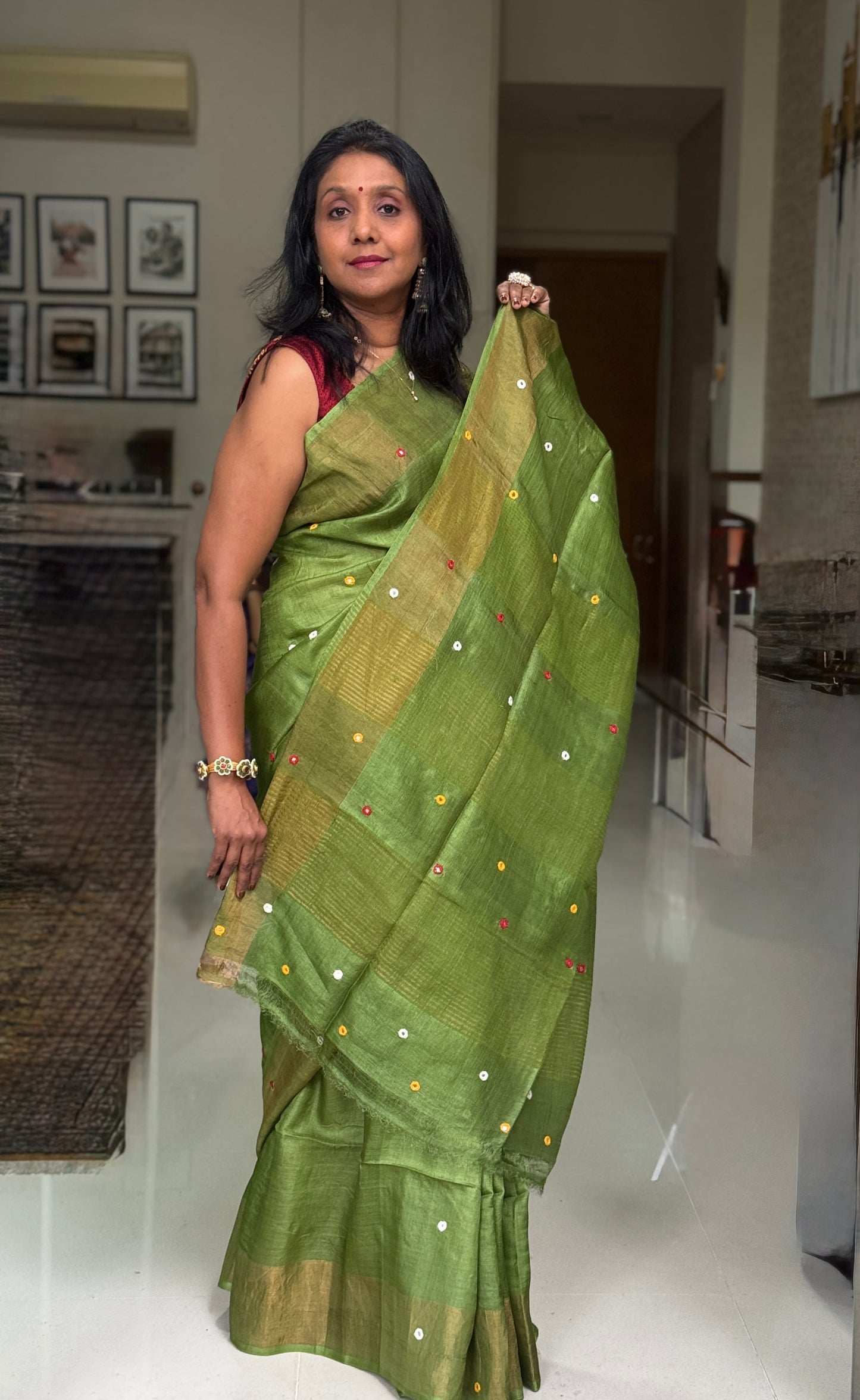 Jaya: Green Handwoven Tussar Silk Mirror-work Saree