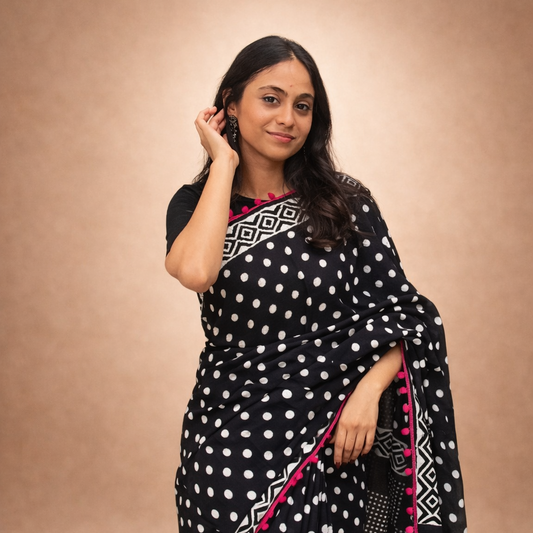 Noor: Black Sanganeri Block Print Cotton Saree