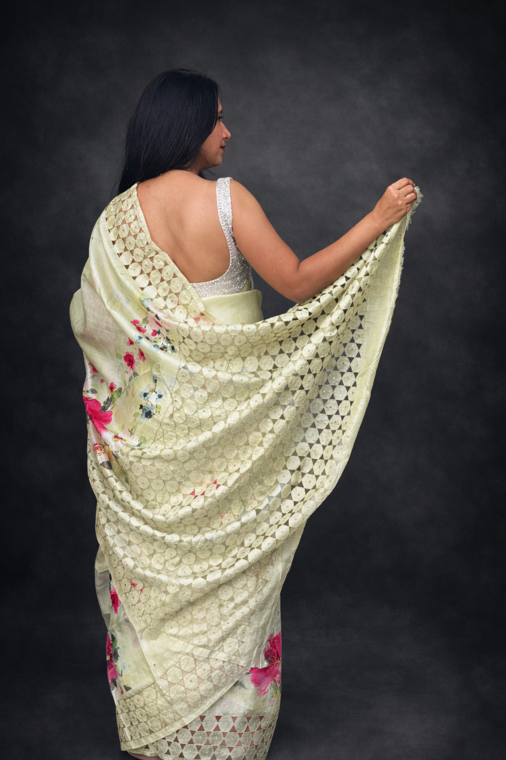 Parijat: Lime Green Floral Silk Saree