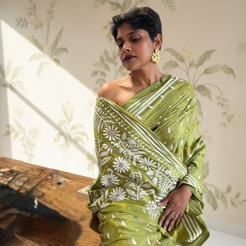 Verdant: Green Kantha Embroidered Saree