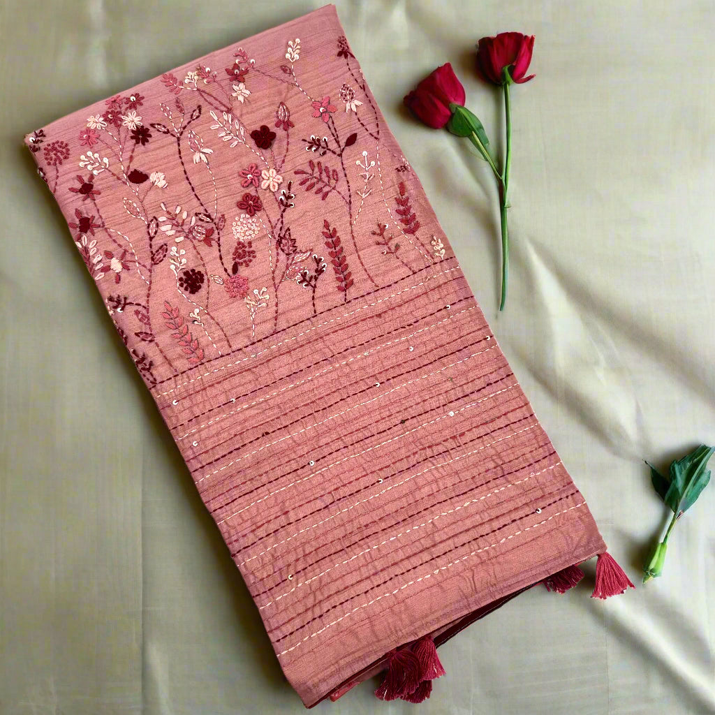 PINK HAND-EMBROIDERED SEMI-TUSSAR SAREE