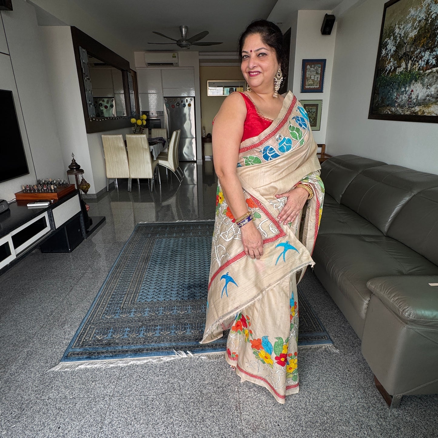 Vasudha: Beige Tussar Silk Kantha Saree