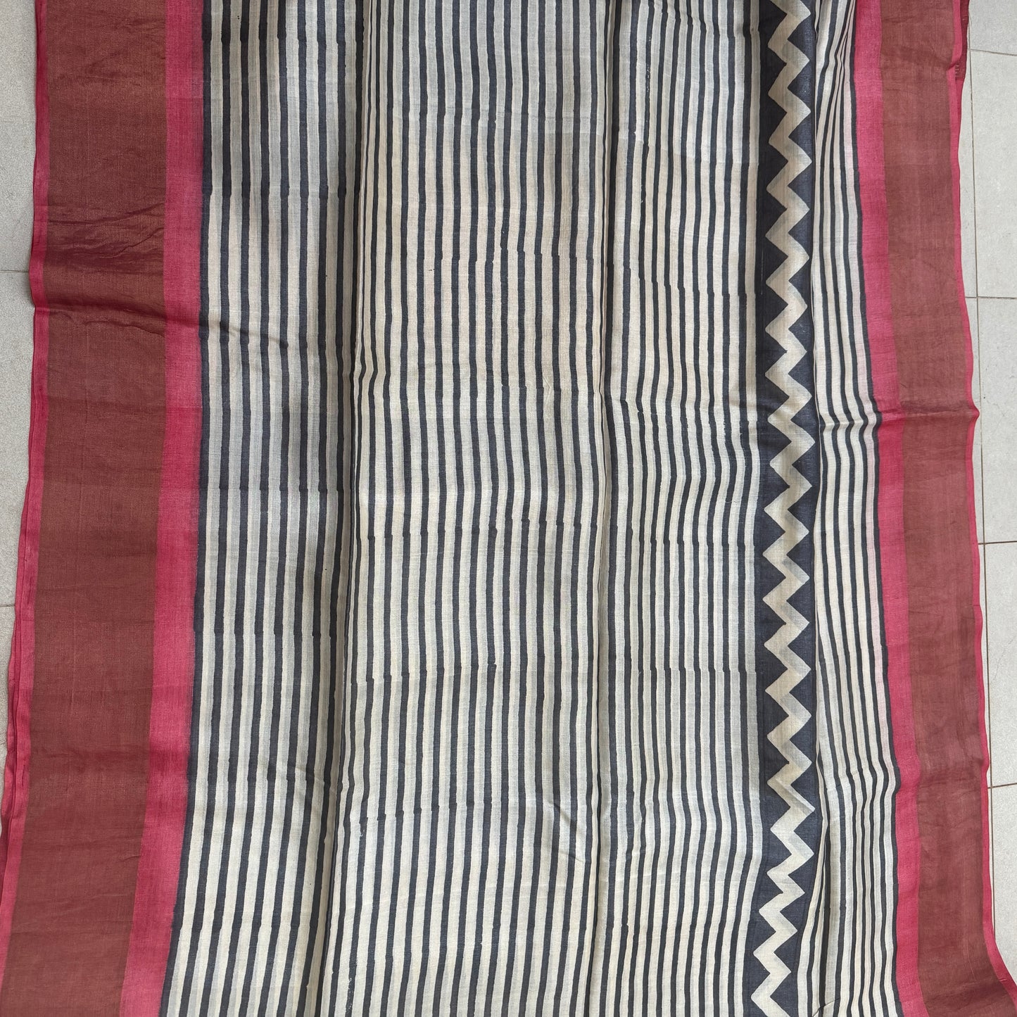 Raag Rekha: Block print Striped Tussar Silk Saree