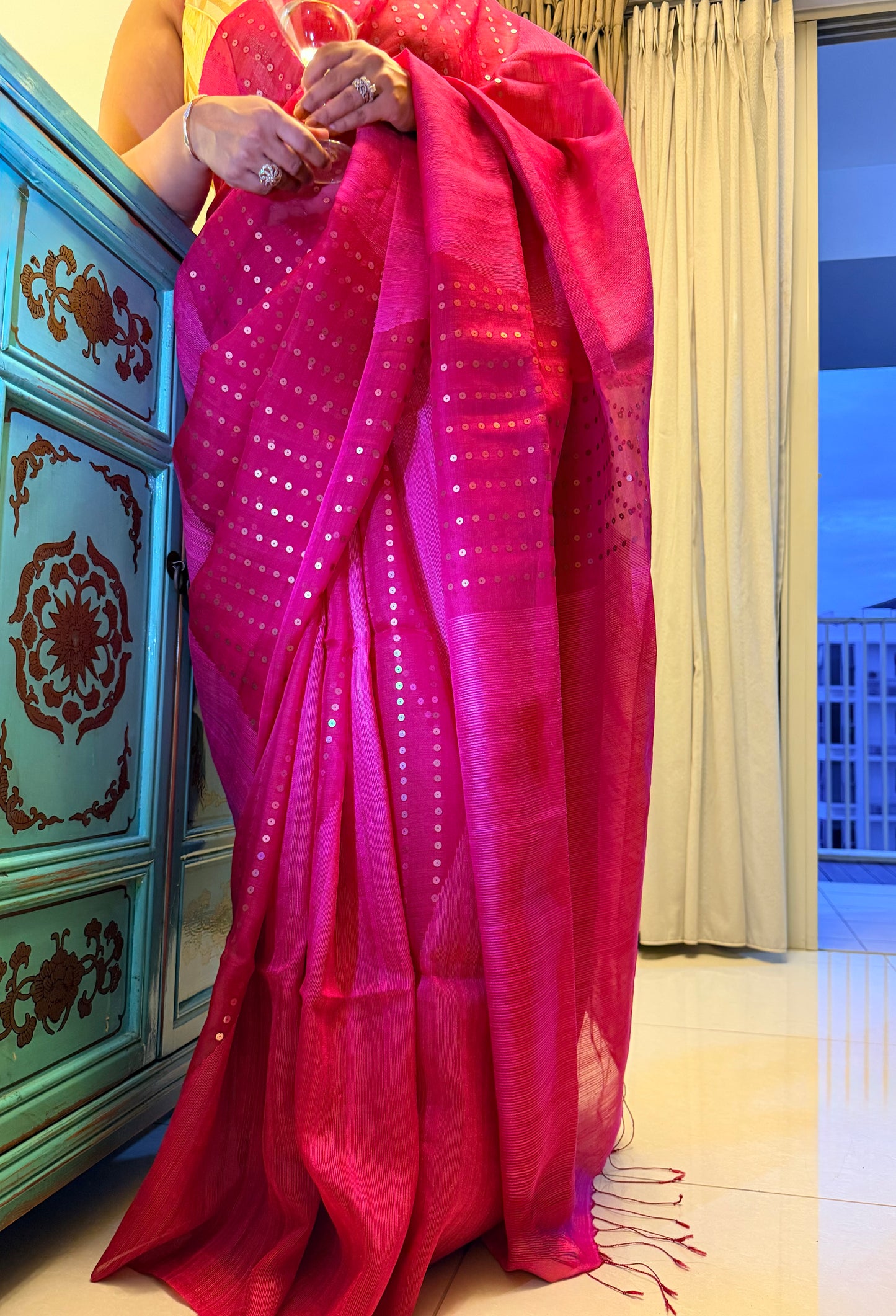 Gulnaar: Pink Matka Silk with Sequins Saree