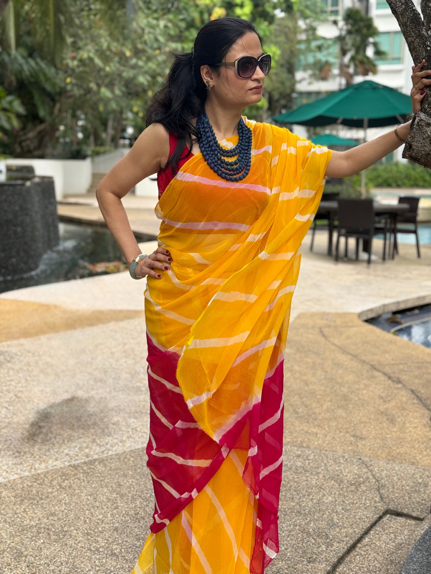 Leher: Yellow & Pink Chiffon Saree