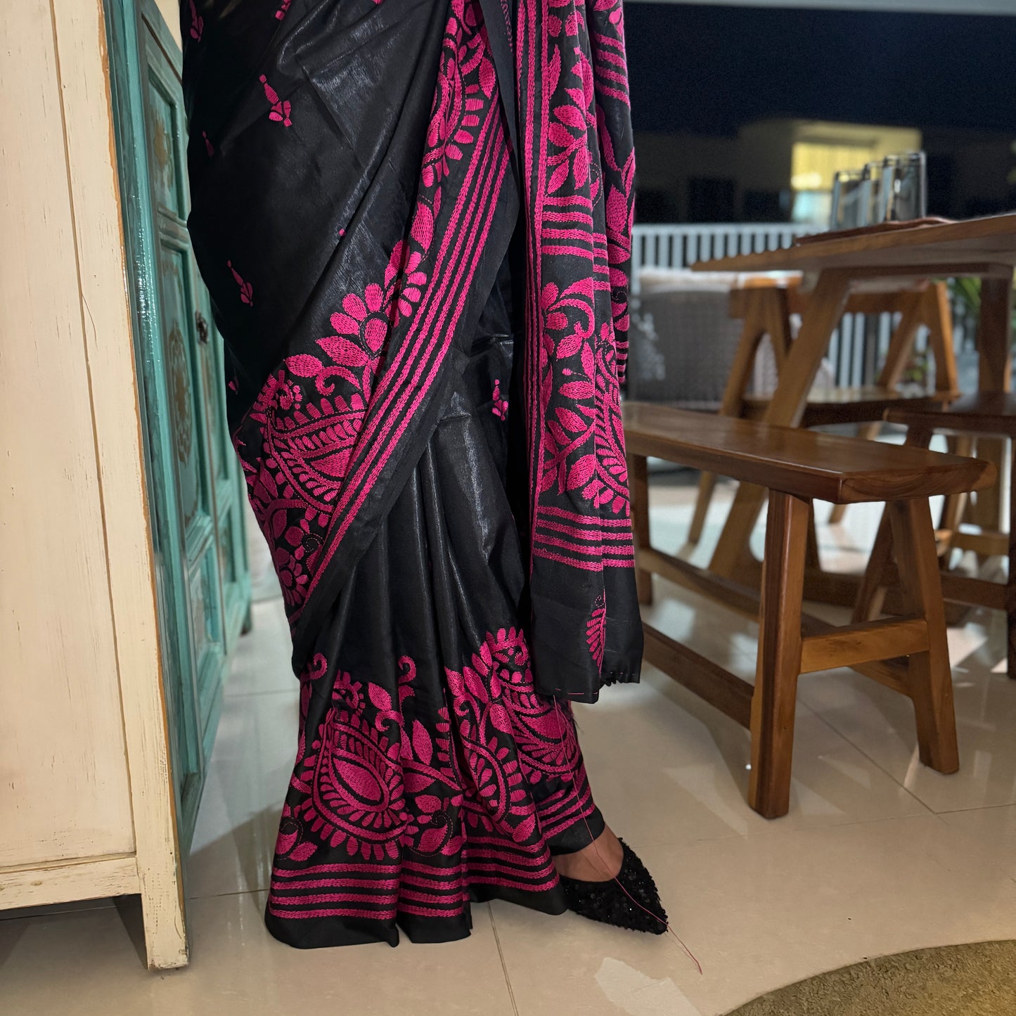 Raatrani: Black and Pink Embroidered Saree