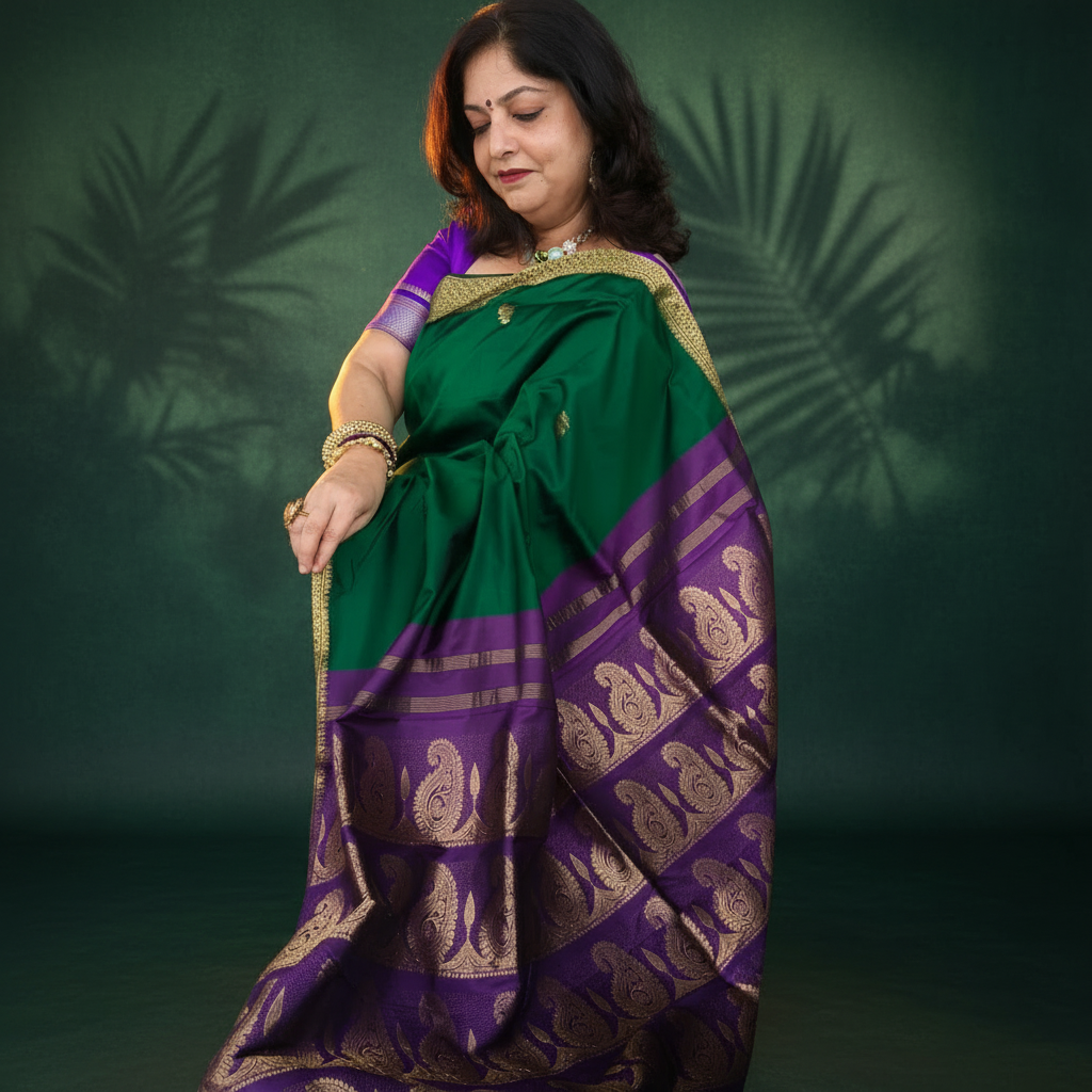 Kavita: Green & Purple Pattu Silk Saree