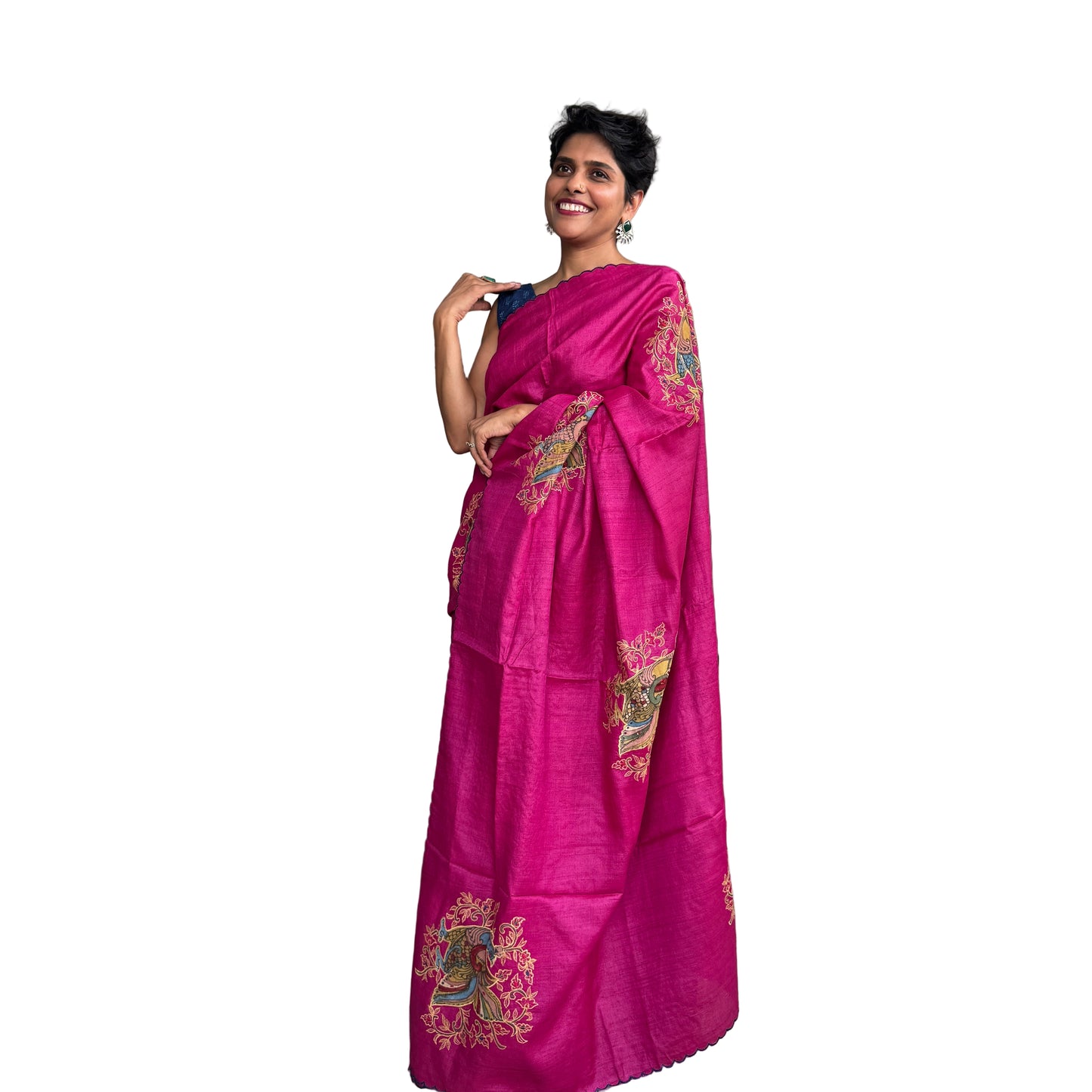 Duskrose: Pink Tussar Silk Saree with Kalamkari Appliqué