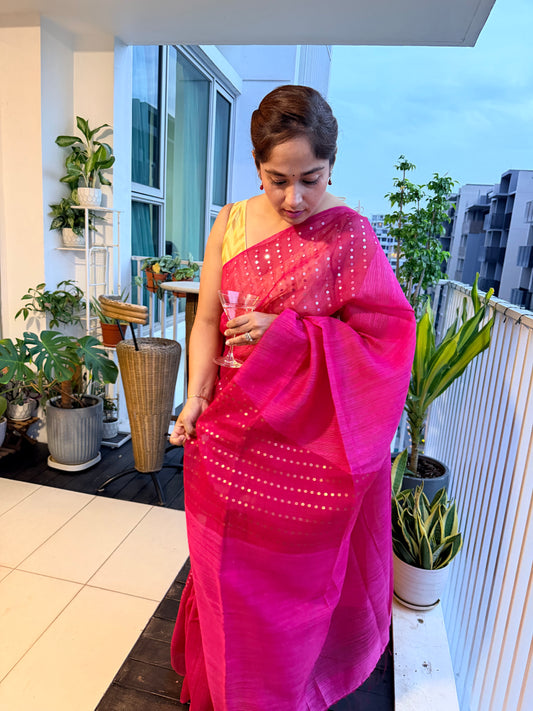 Gulnaar: Pink Matka Silk with Sequins Saree