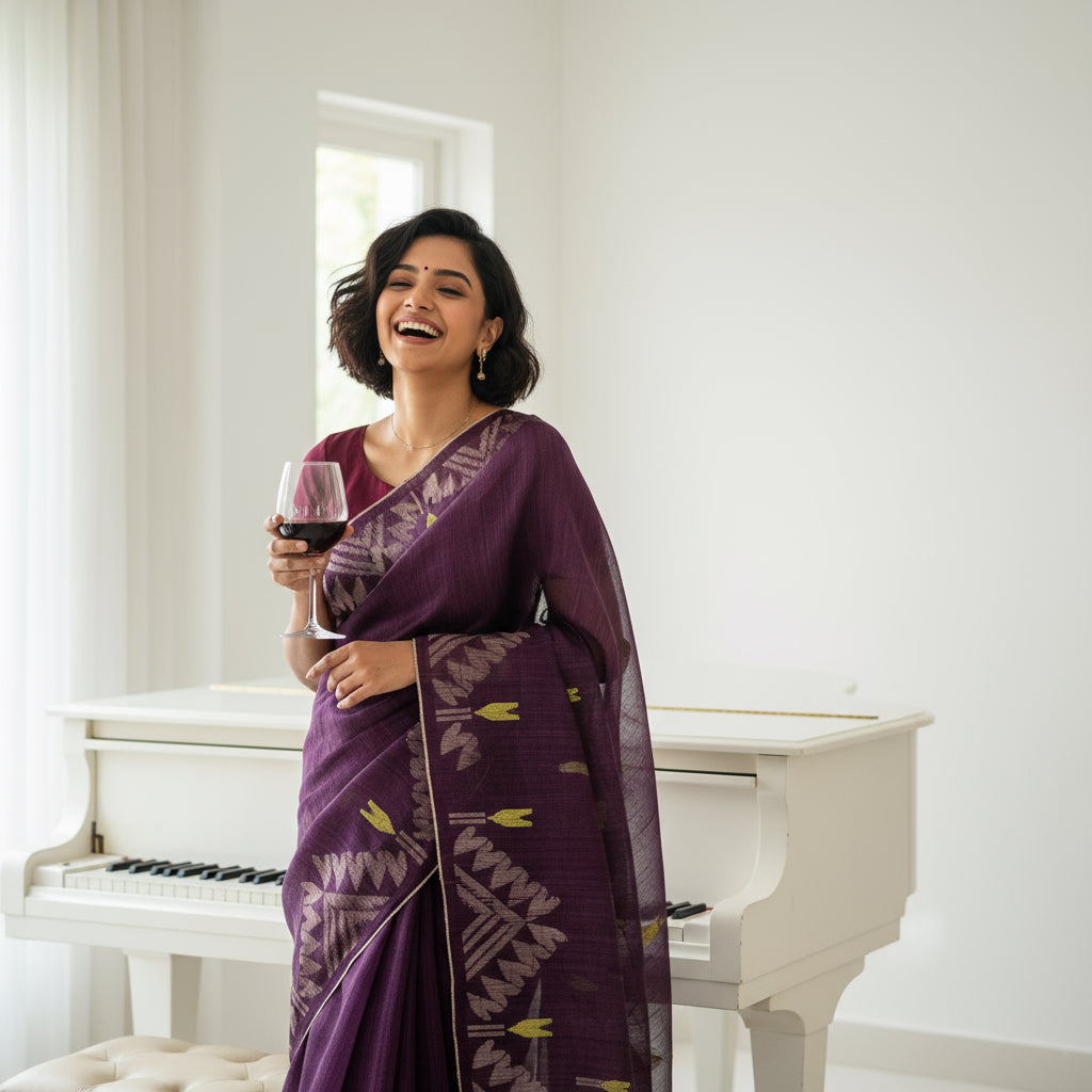 Amrapali: Purple  Matka Silk Saree with Translucent Muslin Pallu