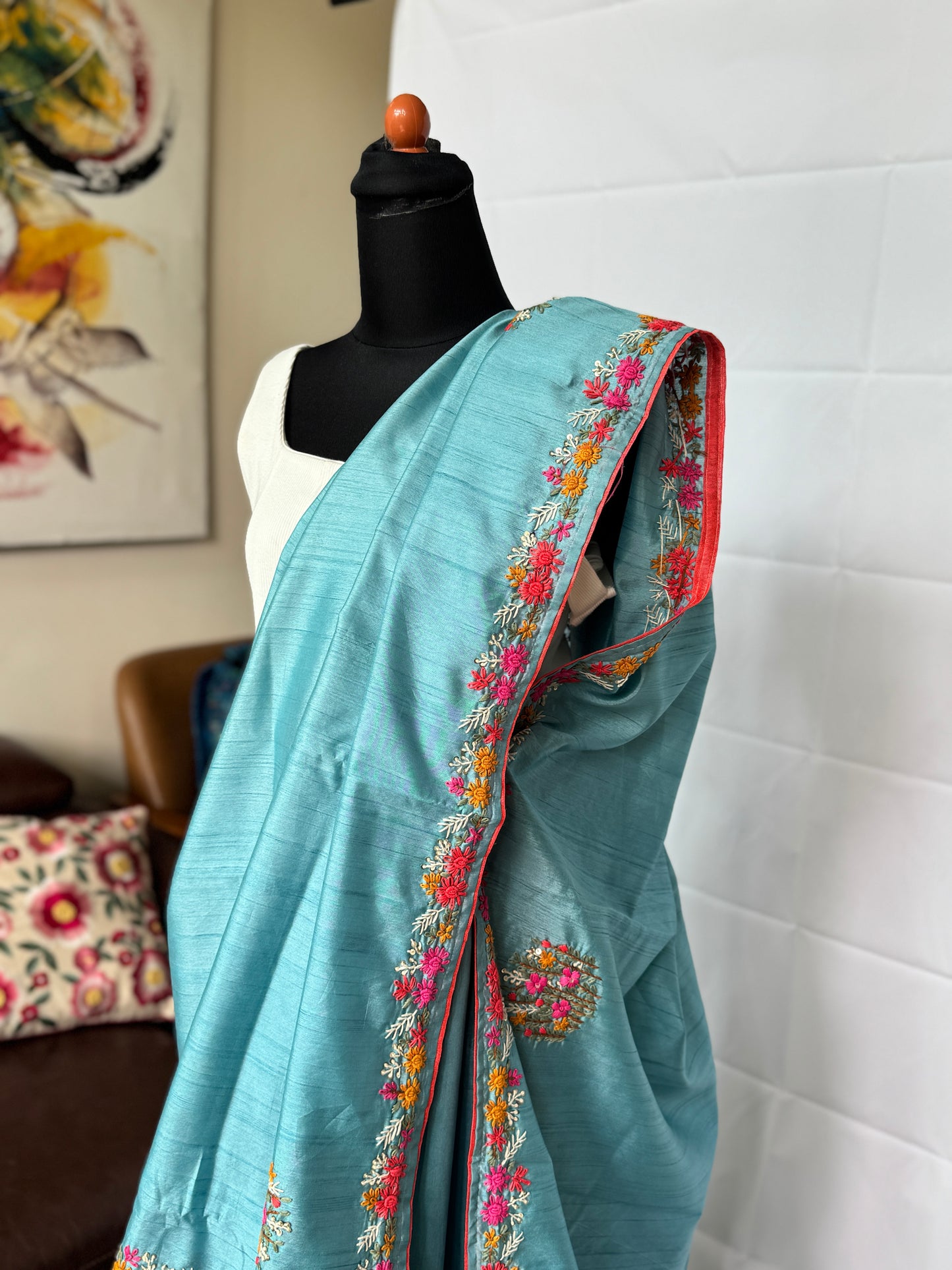 Blue semi-tussar embroidered silk saree
