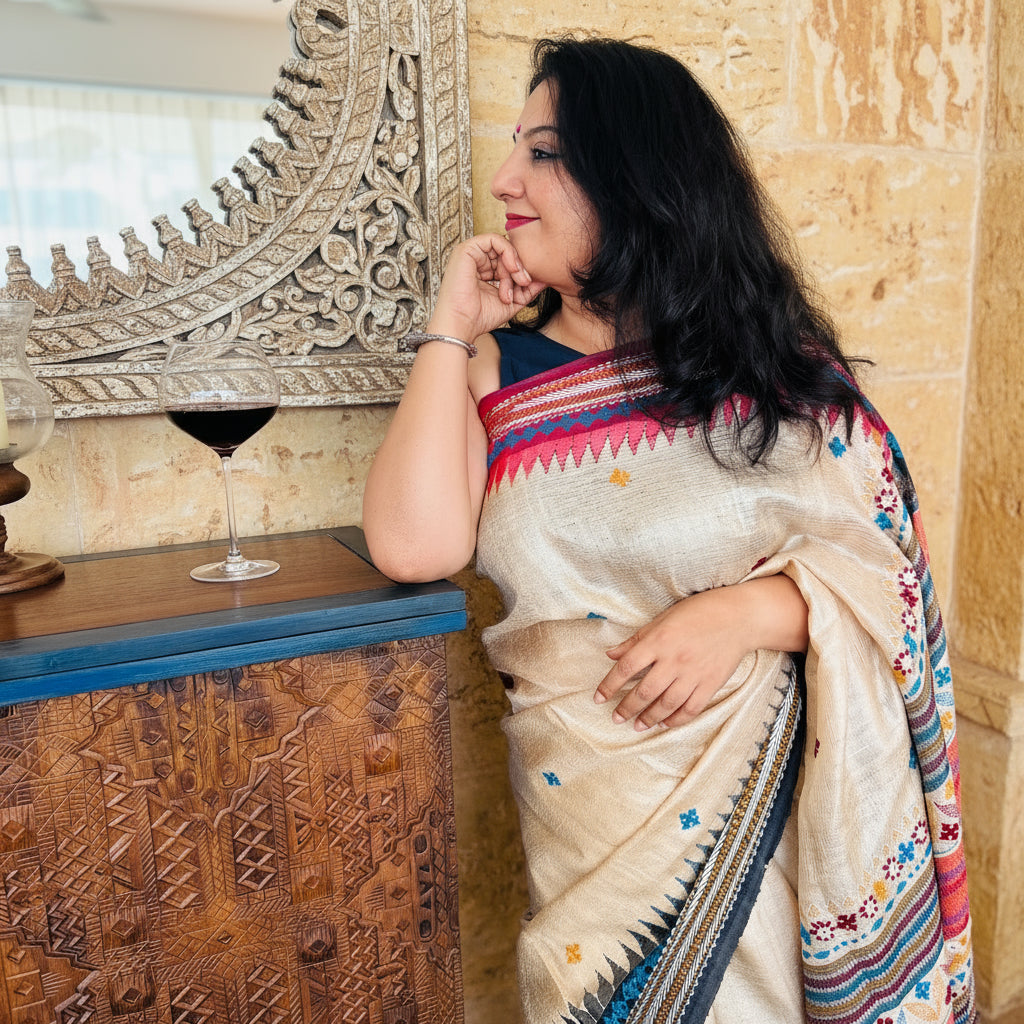 Geet: Beige Embroidered Tussar Saree with Lambani Embroidery