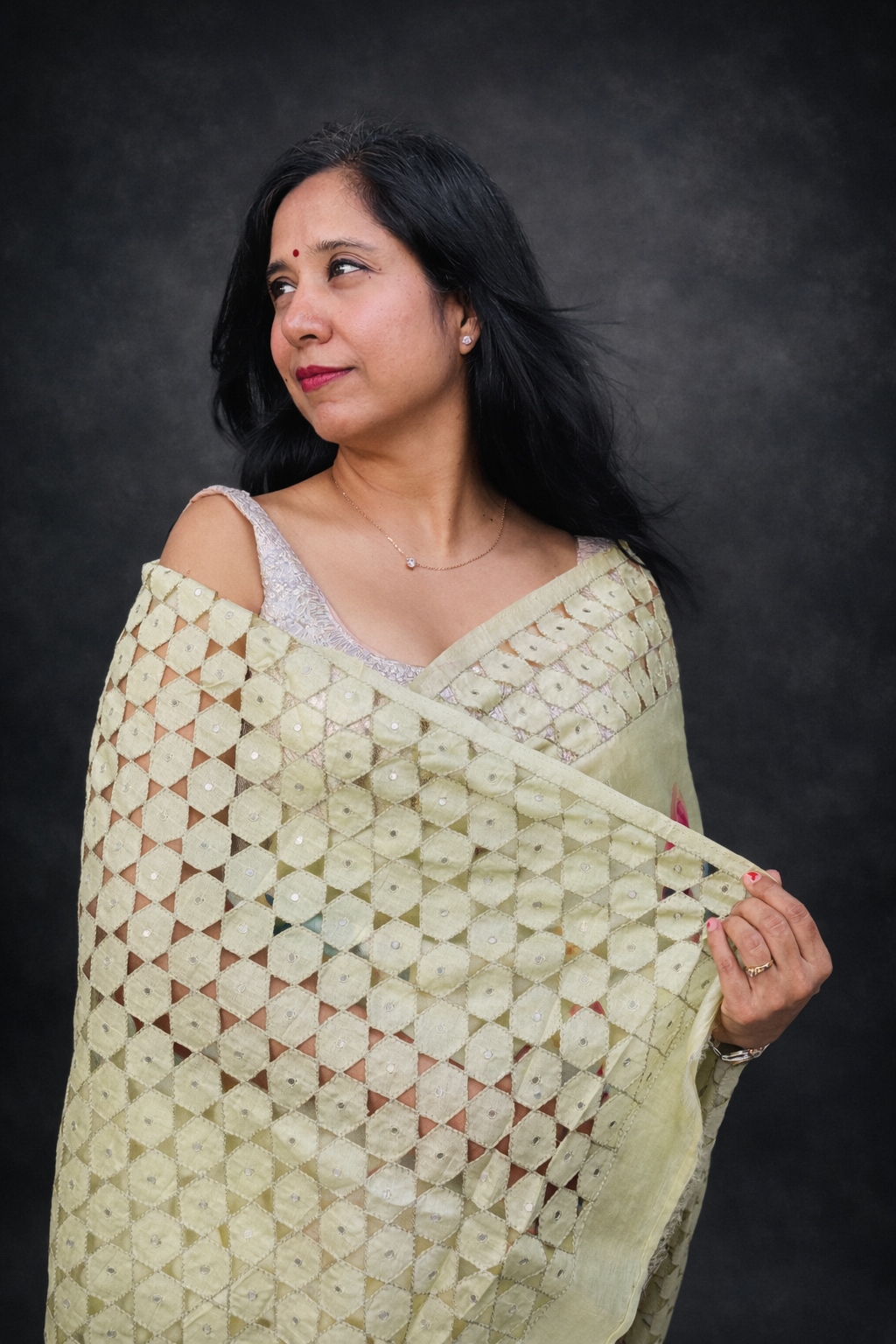 Parijat: Lime Green Floral Silk Saree